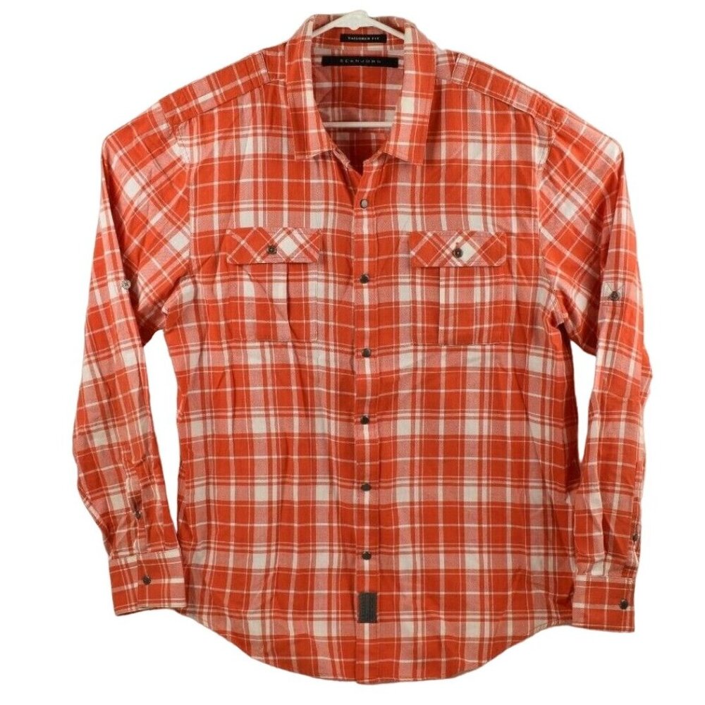 Sean John Mens XL Button Down Pocket Red and White Plaid Shirt Tailored Fit